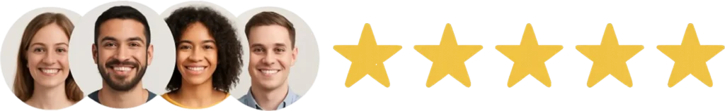 Row of four smiling customers next to a five-star rating graphic, highlighting strong client feedback | Rodeo Werkz Auto Restyling | Dallas, TX