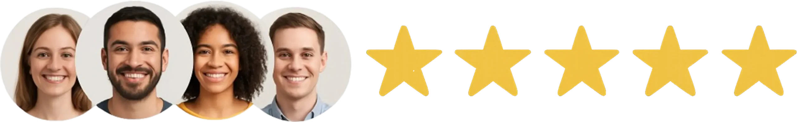 Row of four smiling customers next to a five-star rating graphic, highlighting strong client feedback | Rodeo Werkz Auto Restyling | Dallas, TX