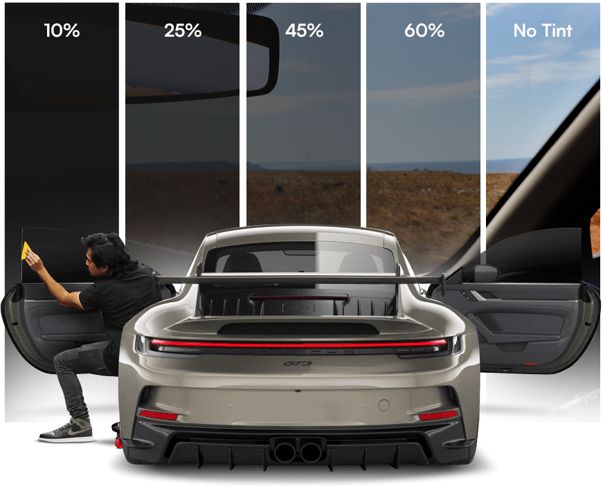 Porsche with XPEL window tint shades shown in 10%, 25%, 45%, and 60% next to a no-tint view | Rodeo Werkz Auto Restyling | Dallas, TX
