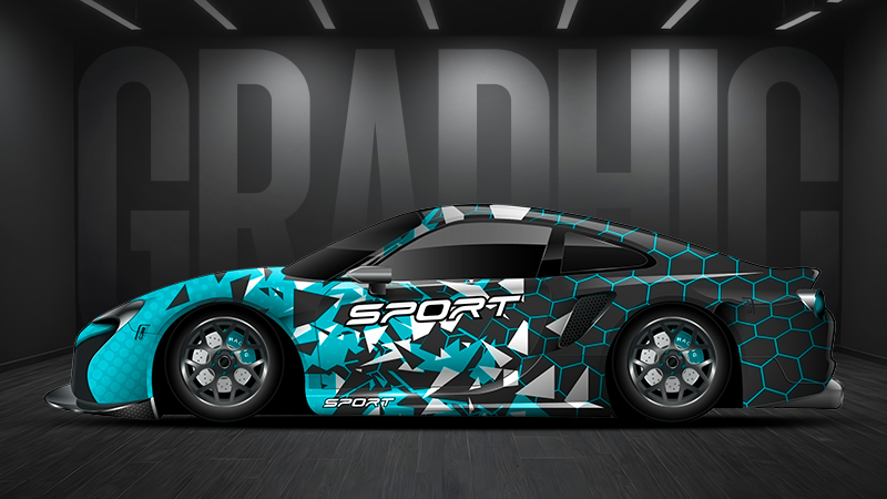 Sports car with a teal, black, and gray geometric full wrap design displayed in a studio with the word “Graphic” in the background | Vinyl Wrap Design Services | Rodeo Werkz Auto Restyling | Dallas, TX