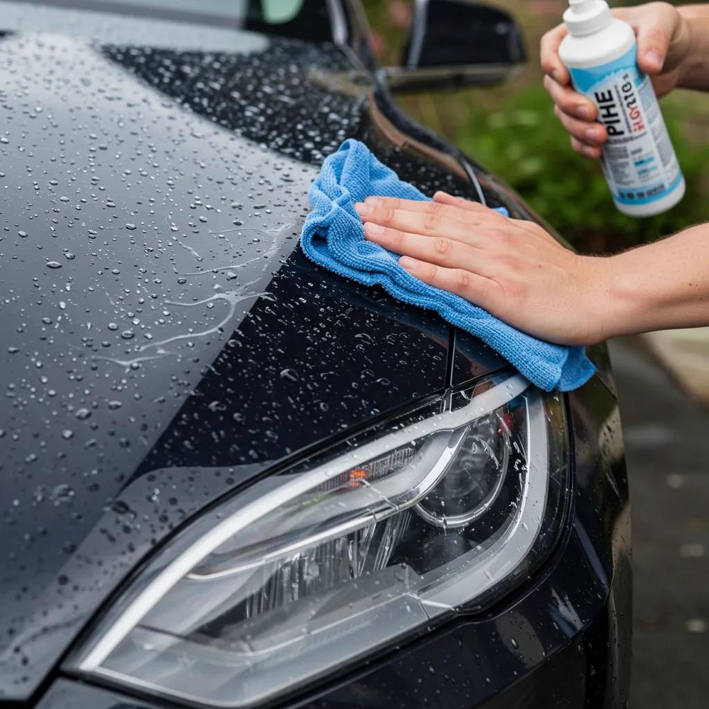 Tesla owner washing the car, demonstrating maintenance tips for paint protection film with water beading on the surface
